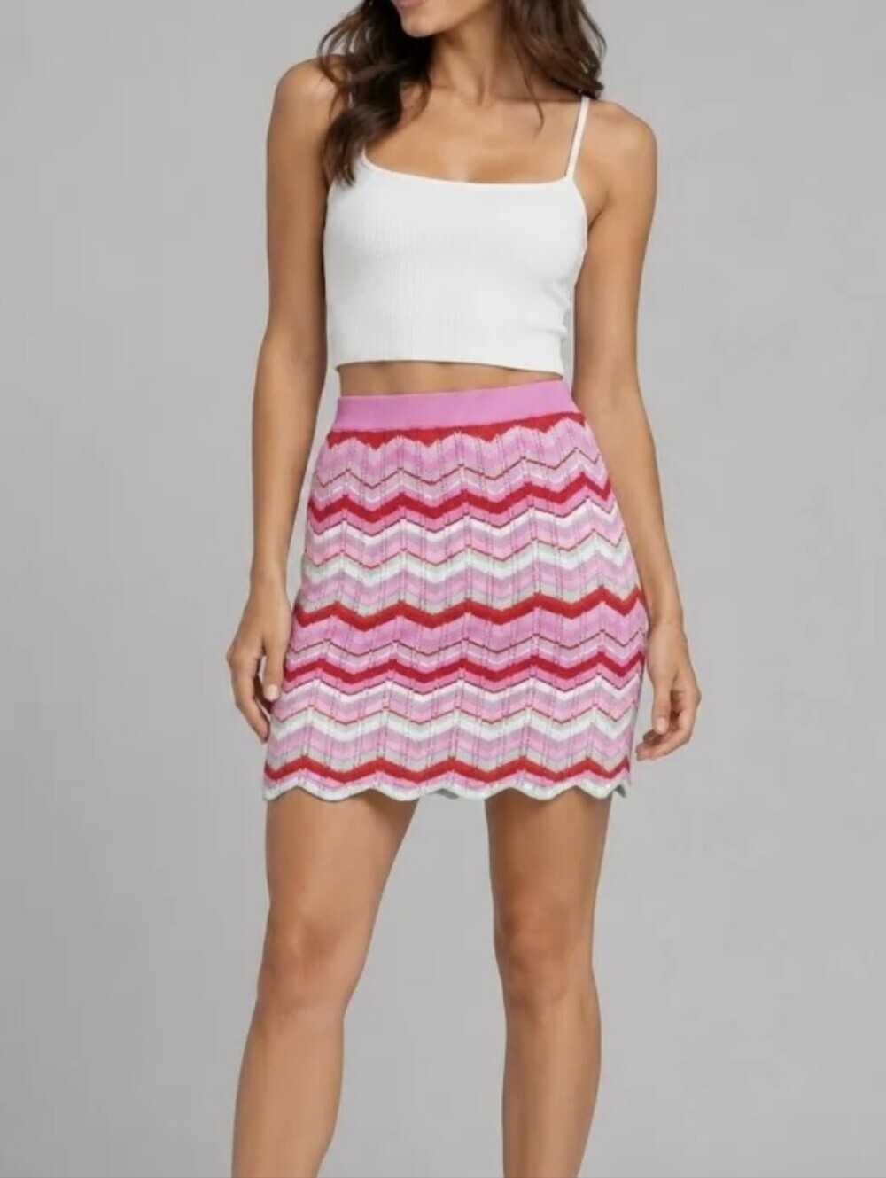 Torn by Ronny Kobo Pink Red Chevron Knit Mini Scallop Hem Skirt Size Small